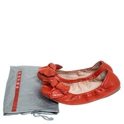 Pre Owned Prada Red Leather Bow Logo Scrunch Ballet Flats Size 40.5
