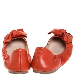Pre Owned Prada Red Leather Bow Logo Scrunch Ballet Flats Size 40.5