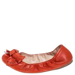 Pre Owned Prada Red Leather Bow Logo Scrunch Ballet Flats Size 40.5