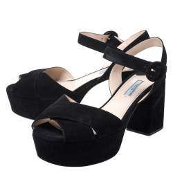 Prada Black Suede Leather Ankle Strap Platform Sandals Size 42