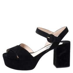 Prada Black Suede Leather Ankle Strap Platform Sandals Size 42