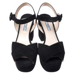 Prada Black Suede Leather Ankle Strap Platform Sandals Size 42