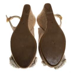 Pre Owned Prada Beige Canvas Bow Peep Toe Espadrille Wedge Pumps Size 37