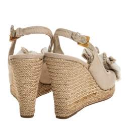 Pre Owned Prada Beige Canvas Bow Peep Toe Espadrille Wedge Pumps Size 37
