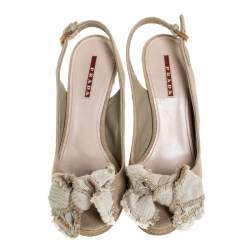 Pre Owned Prada Beige Canvas Bow Peep Toe Espadrille Wedge Pumps Size 37