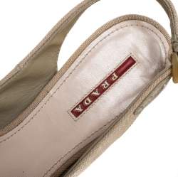 Pre Owned Prada Beige Canvas Bow Peep Toe Espadrille Wedge Pumps Size 37