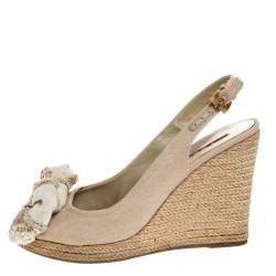 Pre Owned Prada Beige Canvas Bow Peep Toe Espadrille Wedge Pumps Size 37