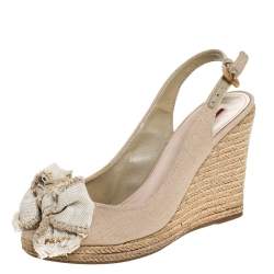 Pre Owned Prada Beige Canvas Bow Peep Toe Espadrille Wedge Pumps Size 37