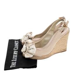 Pre Owned Prada Beige Canvas Bow Peep Toe Espadrille Wedge Pumps Size 37