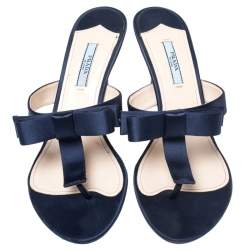  Prada Blue Satin Fuoco Bow Thong Sandals Size 39