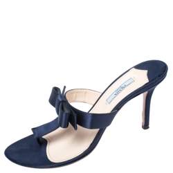  Prada Blue Satin Fuoco Bow Thong Sandals Size 39