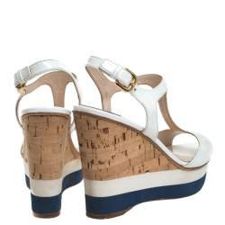 Pre Owned Prada Off White Patent Leather T-Strap Cork Wedge Platform Sandals Size 37.5