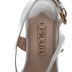 Pre Owned Prada Off White Patent Leather T-Strap Cork Wedge Platform Sandals Size 37.5