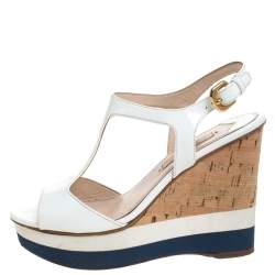 Pre Owned Prada Off White Patent Leather T-Strap Cork Wedge Platform Sandals Size 37.5
