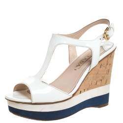 Pre Owned Prada Off White Patent Leather T-Strap Cork Wedge Platform Sandals Size 37.5