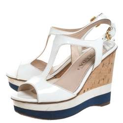 Pre Owned Prada Off White Patent Leather T-Strap Cork Wedge Platform Sandals Size 37.5