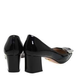 Pre Owned Prada Black Patent Leather Buckle Detail Block Heel Pumps Size 37