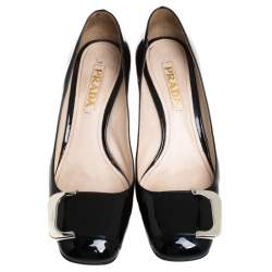 Pre Owned Prada Black Patent Leather Buckle Detail Block Heel Pumps Size 37