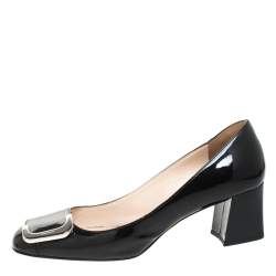 Pre Owned Prada Black Patent Leather Buckle Detail Block Heel Pumps Size 37