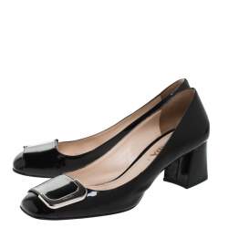 Pre Owned Prada Black Patent Leather Buckle Detail Block Heel Pumps Size 37