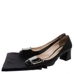 Pre Owned Prada Black Patent Leather Buckle Detail Block Heel Pumps Size 37