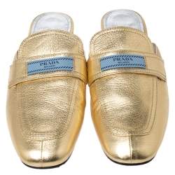 Pre Owned  Prada Metallic Gold Leather Mule Flat Slides Size 40