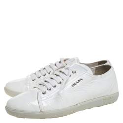 Pre Owned Prada Sport White Patent Leather Lace Up Low Top Sneakers Size 38.5