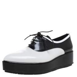 Pre Owned Prada Monochrome Leather Platform Oxford Pointed Toe Flats Size 38.5