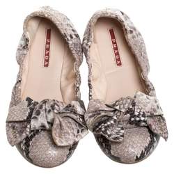 Pre Owned Prada Sport Beige Python Embossed Leather Scrunch Bow Ballet Flats Size 37.5