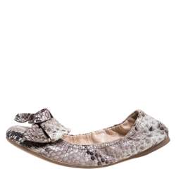 Pre Owned Prada Sport Beige Python Embossed Leather Scrunch Bow Ballet Flats Size 37.5