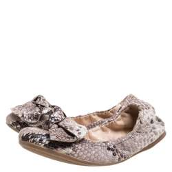 Pre Owned Prada Sport Beige Python Embossed Leather Scrunch Bow Ballet Flats Size 37.5