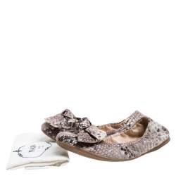 Pre Owned Prada Sport Beige Python Embossed Leather Scrunch Bow Ballet Flats Size 37.5