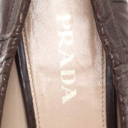 Pre Owned Prada Brown Leather Scrunch Bow Round Toe Pumps Size 37