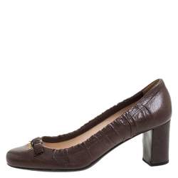 Pre Owned Prada Brown Leather Scrunch Bow Round Toe Pumps Size 37