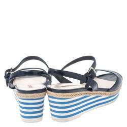 Pre Owned Prada Navy Blue Patent Leather Platform Stripe Wedge Ankle Strap Sandals Size 40
