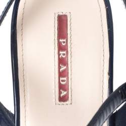 Pre Owned Prada Navy Blue Patent Leather Platform Stripe Wedge Ankle Strap Sandals Size 40