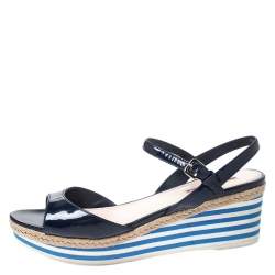 Pre Owned Prada Navy Blue Patent Leather Platform Stripe Wedge Ankle Strap Sandals Size 40