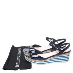 Pre Owned Prada Navy Blue Patent Leather Platform Stripe Wedge Ankle Strap Sandals Size 40