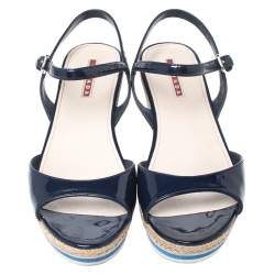 Pre Owned Prada Navy Blue Patent Leather Platform Stripe Wedge Ankle Strap Sandals Size 40