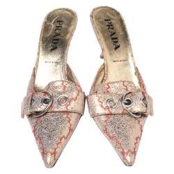 Prada Gold/Red Silk Brocade Mule Sandals Size 38