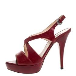 Pre Owned Prada Red Leather Strappy Platform Sandals Size 37