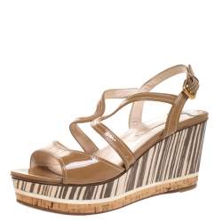 Pre Owned Prada Brown Patent Leather Strappy Open Toe Animal Print Wooden Wedge Sandals Size 40.5