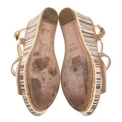 Pre Owned Prada Brown Patent Leather Strappy Open Toe Animal Print Wooden Wedge Sandals Size 40.5