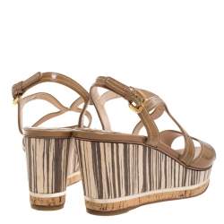Pre Owned Prada Brown Patent Leather Strappy Open Toe Animal Print Wooden Wedge Sandals Size 40.5