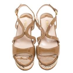 Pre Owned Prada Brown Patent Leather Strappy Open Toe Animal Print Wooden Wedge Sandals Size 40.5