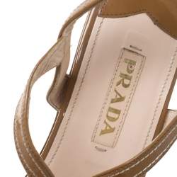 Pre Owned Prada Brown Patent Leather Strappy Open Toe Animal Print Wooden Wedge Sandals Size 40.5