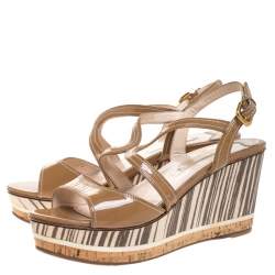 Pre Owned Prada Brown Patent Leather Strappy Open Toe Animal Print Wooden Wedge Sandals Size 40.5