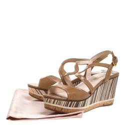 Pre Owned Prada Brown Patent Leather Strappy Open Toe Animal Print Wooden Wedge Sandals Size 40.5