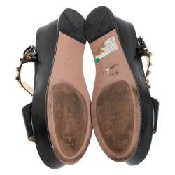 Pre Owned Prada Black Leather T-Strap Wedge Platform Studded Slingback Sandals Size 40