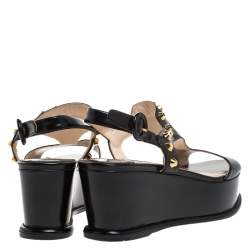 Pre Owned Prada Black Leather T-Strap Wedge Platform Studded Slingback Sandals Size 40